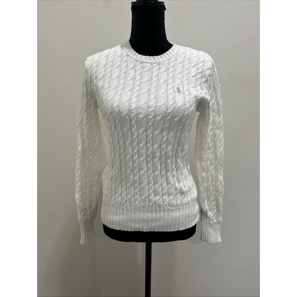 Ralph Lauren Golf Womens Sz M Cable Knit Sweater Snow White 100% Cotton